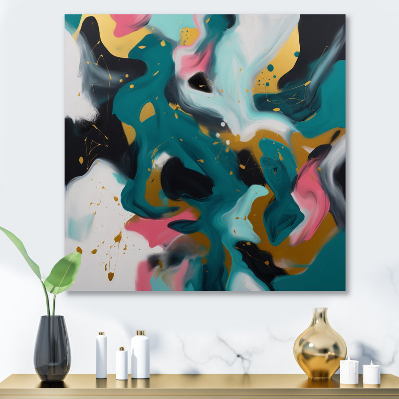 Turquoise et rose sérénité abstraite I - reproduction abstraite sur métal, H 36 po x l 36 po x P 1 po