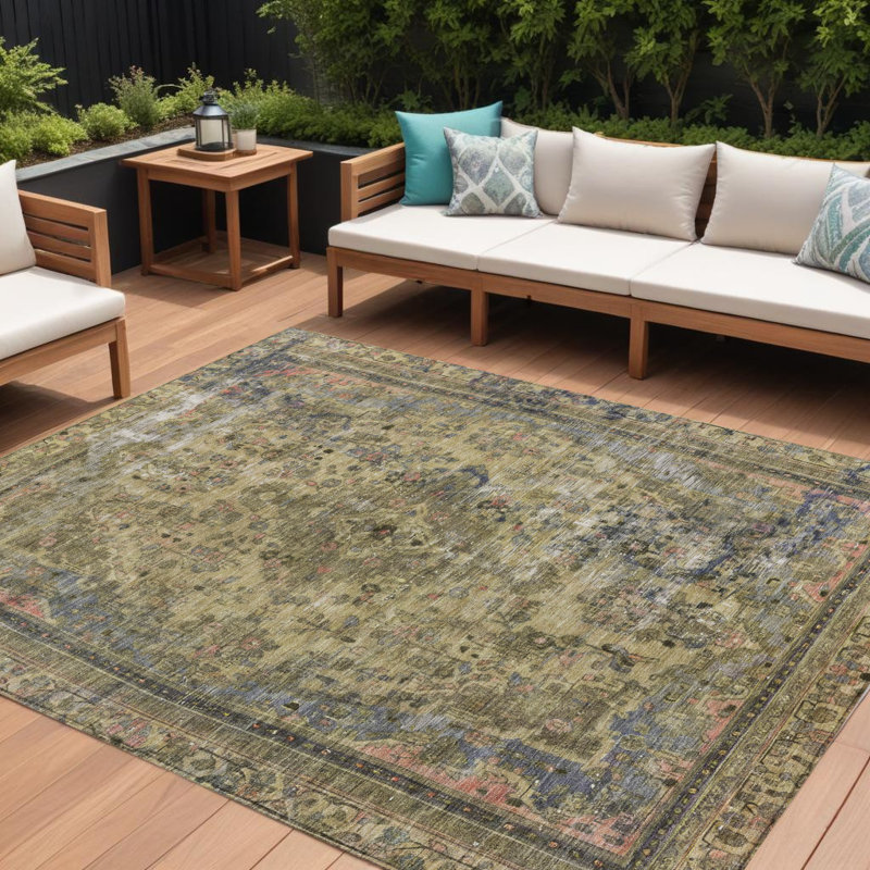 Tapis d'intérieur / extérieur 10 pi x 14 pi vert à motif médaillon lavable
