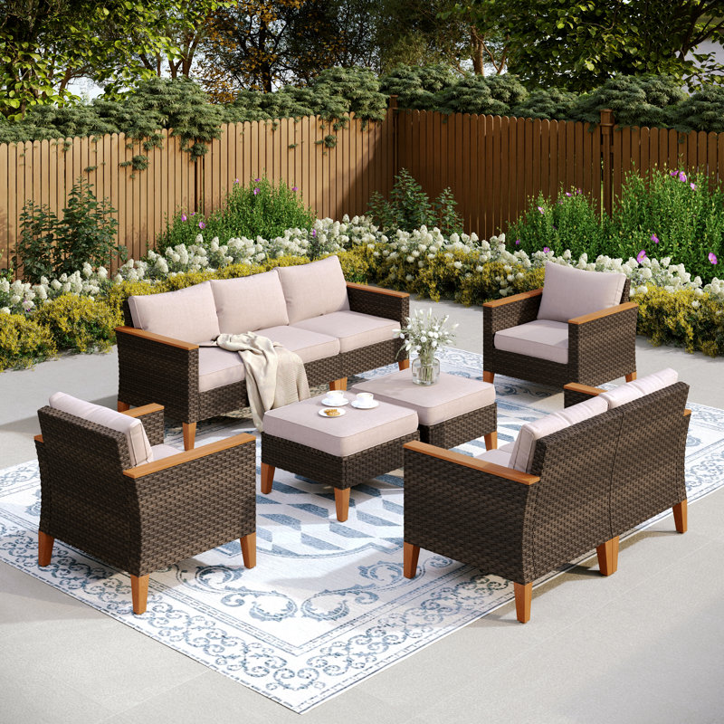 Ensemble modulaire de conversation d'extérieur en osier 9 pièces avec foyer Salem, Non, Beige