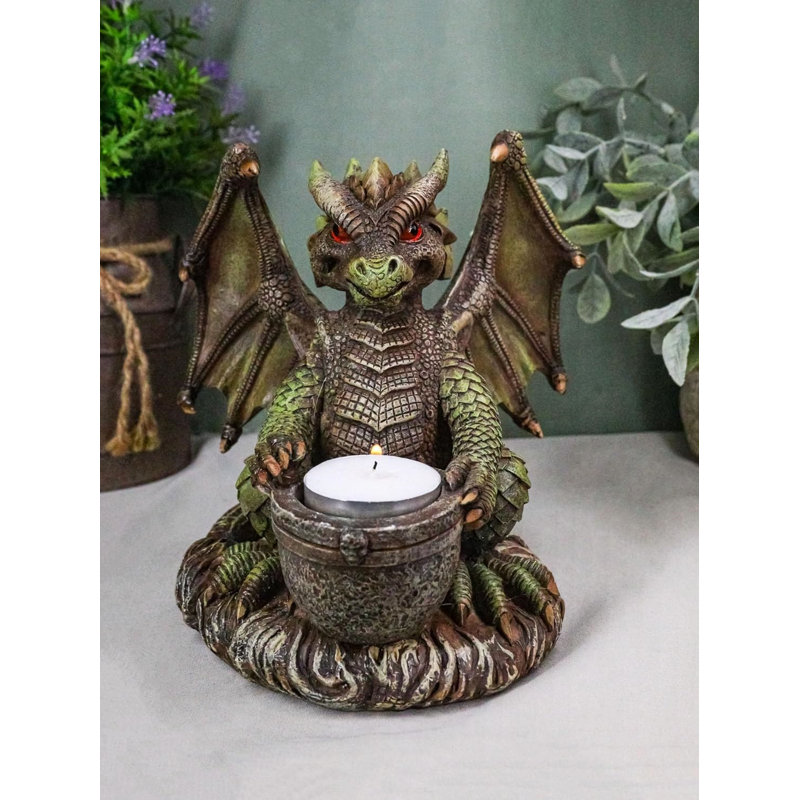 Earth Druid Dragon Holding Magic Cauldron Tea Light Candle Or Incense Holder