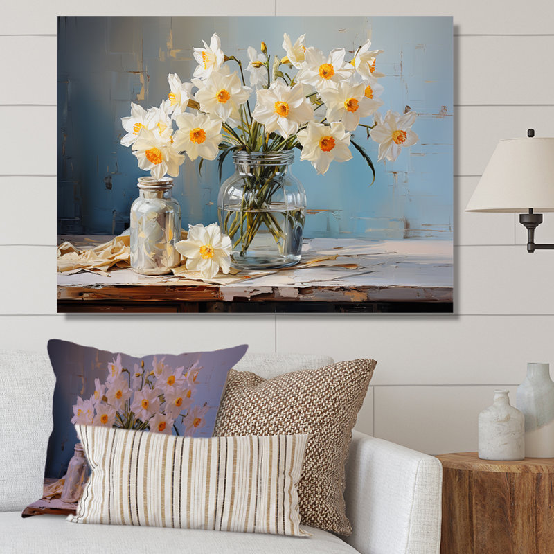 «Daffodils Farmhouse Still Life» sur toile, Toile tendue, H 12 po x l 20 po x P 1 po
