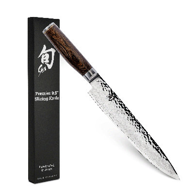 Shun Premier 9.5" Slicing Knife, Handcrafted Japanese Meat Slicing Knife, Long and Thin Blade, VG-MAX Core with Damascus Stainless Steel Cladding, Pakkawood Handle