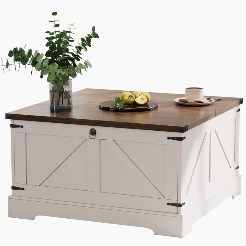 31.5" W Farmhouse Lift Top Coffee Table with Storage, Dark Brown, Beige