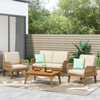 Ensemble de conversation d'extérieur en bois d'acacia 4 pièces avec corde, 1 causeuse et 2 fauteuils club, canapé de conversation en bois d'acacia et 1 table avec coussins résistants à l'eau, finition teck pour l'extérieur
