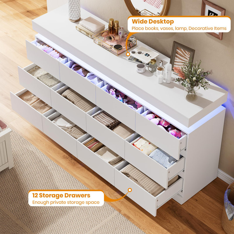 63'' Modern 12-Drawer Dresser with LED Lights & Charging Station, High Gloss Storage Cabinet TV Stand for Bedroom Living Room