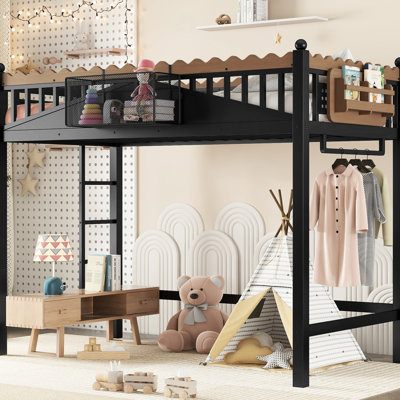 Black Metal Twin Xl Loft Bed, With Storage, , And Space - Saving For Apartments Bed In Black, + Composition