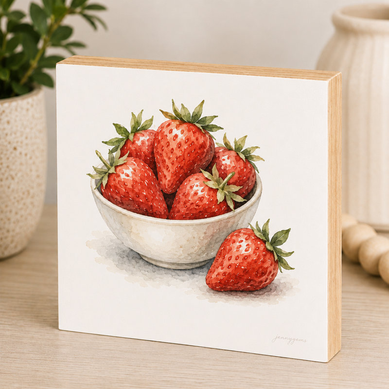 Mini bloc décoratif en bois carré de 14 cm représentant des fraises