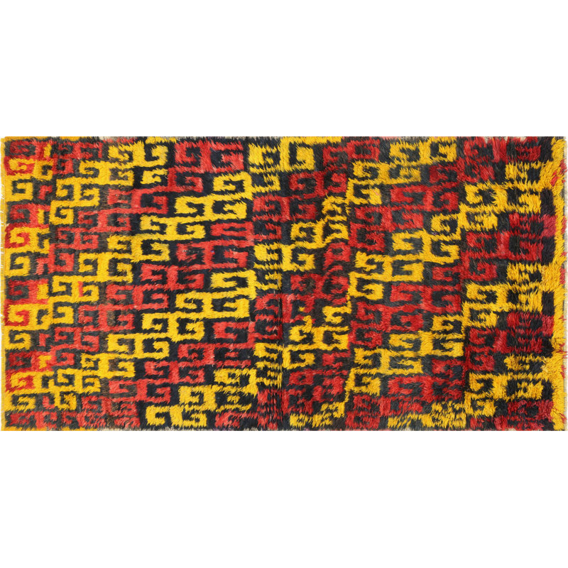Tapis unique en laine noué à la main de style années 1960 de 3 pi 3 po x 6 pi 4 po jaune / rouge / noir