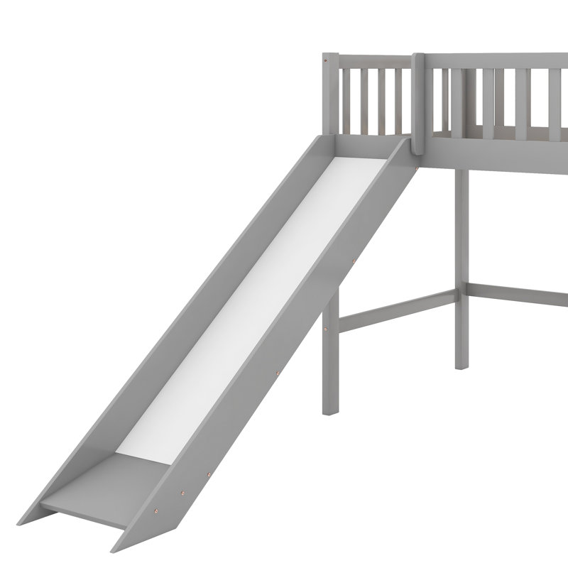 Lit mezzanine simple bas avec échelle et toboggan, gris, Lit simple, Gris