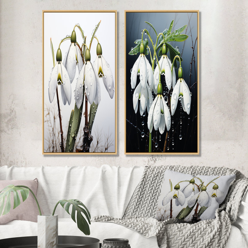 «Morning Hush Snowdrops In Silent White I», ensemble de 2 décorations murales Snowdrops, Encadrement brun, H 28 po x l 25 po
