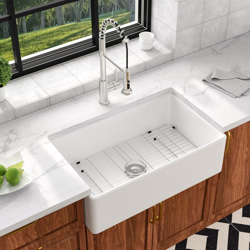 36" L x 20" W Fireclay Reversible Farmhouse / Apron Front Kitchen Sink with Sink Grid and Drain Assembly