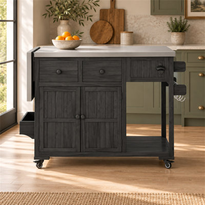 Chariot de cuisine d'extérieur en bois massif de 152 cm (59,9 pouces) avec plateau extensible en acier inoxydable, noir