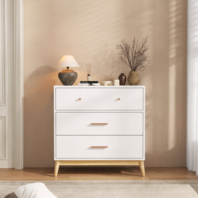 Commode 3 tiroirs pour chambre à coucher, commode de style Mid-Century moderne avec poignées en bois et pieds en bois massif, armoire de rangement en bois, rangement pour garde-robe de chambre à coucher, vestibule