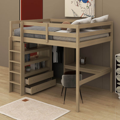 Full Loft Bed With Desk，Shelves And Drawers
