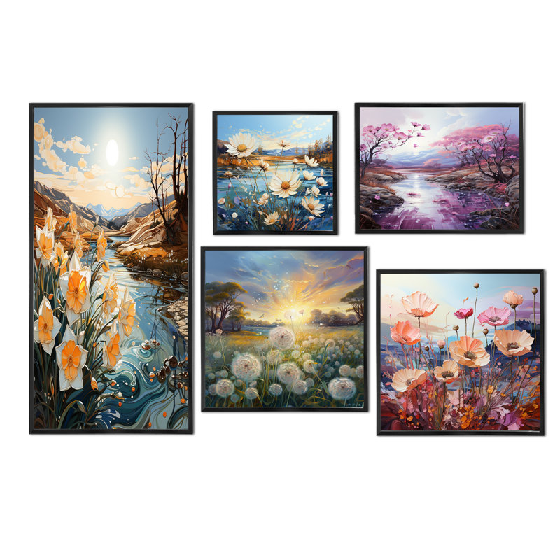 «Daisy Dreamscape Flowers Field II», ensemble de 5 impressions murales champ de fleurs, Cadre flottant noir