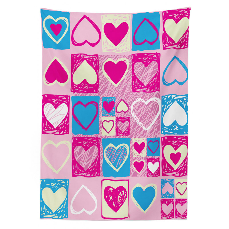 Ambesonne Love Tablecloth, Hearts In Square Shapes Geometrical Celebrate Childish Children Artwork, Rectangular Table Cover For Dining Room Kitchen Decor, 60" X 90", Blue Ivory Pink