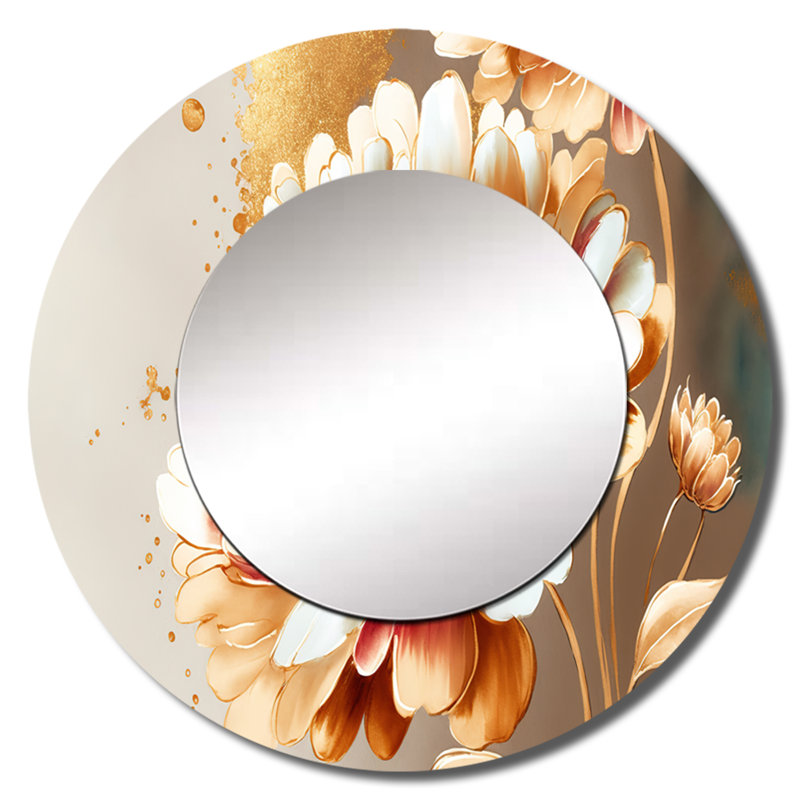 Pavielle Red And Gold Daisy - Daisy Mirror, Red Round Unique Wall Mirror, Printed Metal Art, 29" x 29"