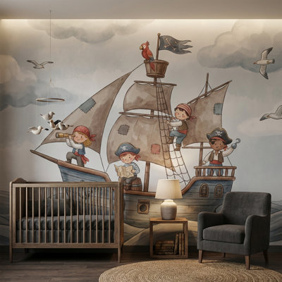 Papier peint bateau pirate, décor nautique pour enfants