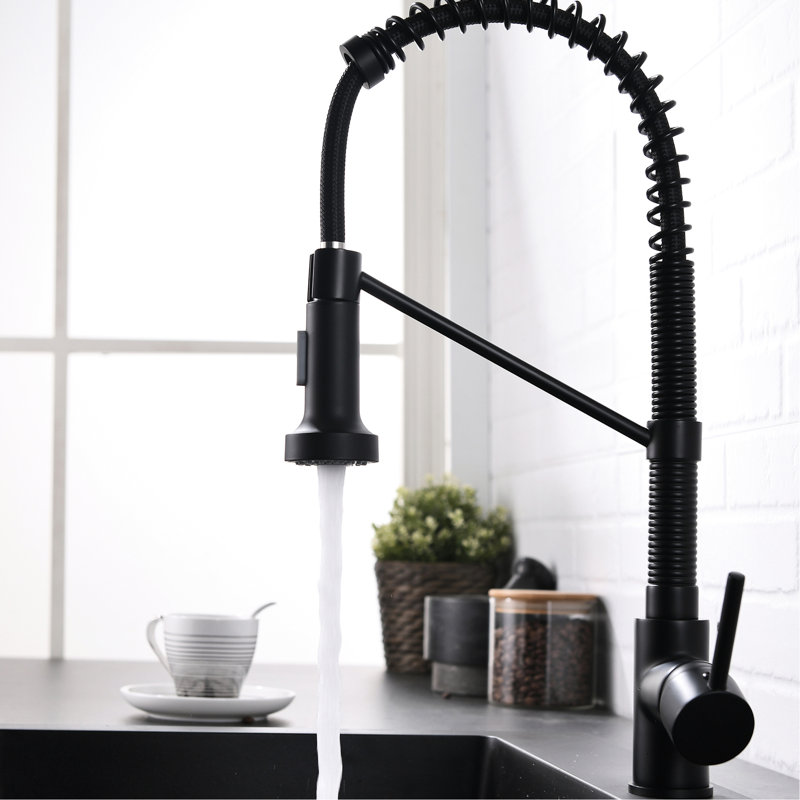 Contemporary Kitchen Sink Faucet, Black, Pull Out Spray, Brass, Single Hole, Water Flow Adjustable Hot And Cold Solid Handle Mixing Valve