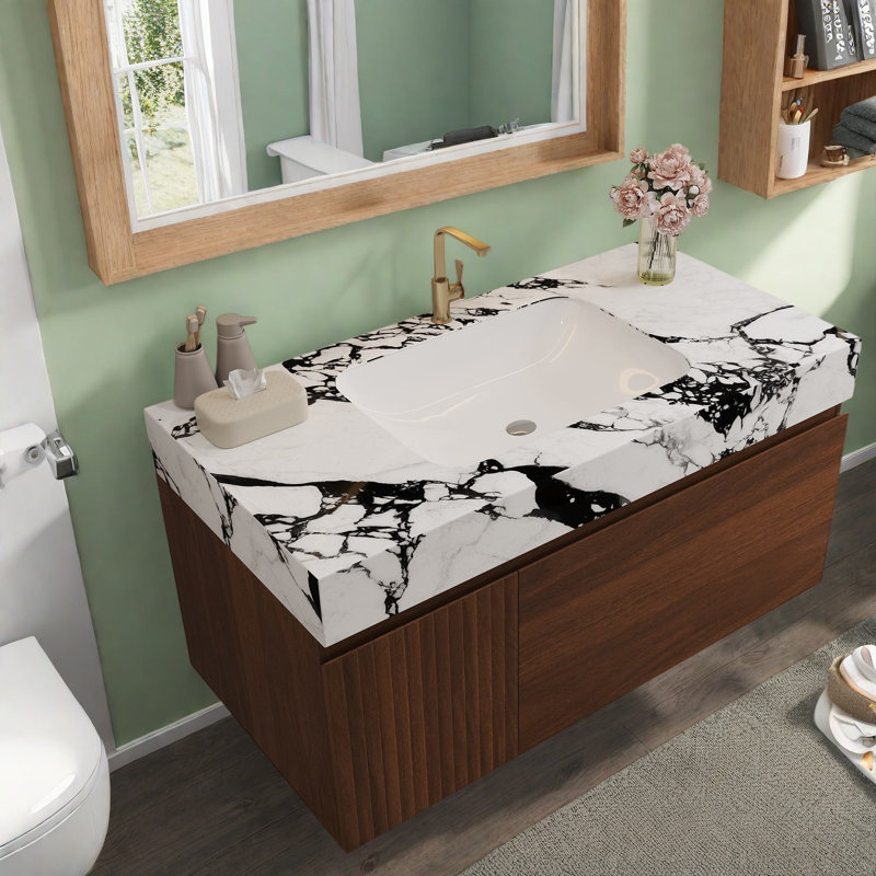 Meuble-lavabo flottant (doit inclure le meuble-lavabo et le lavabo) avec rangement, plateau en pierre sans soudure, fixation murale noyer moderne