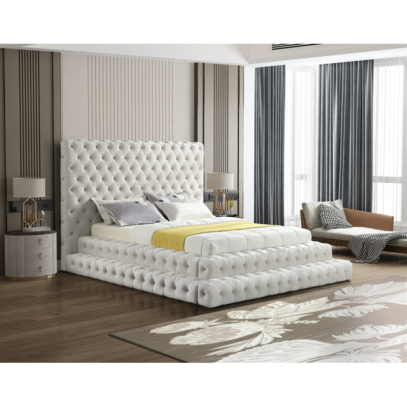 Dymphia Revel Velvet Bed, Queen, Cream Velvet