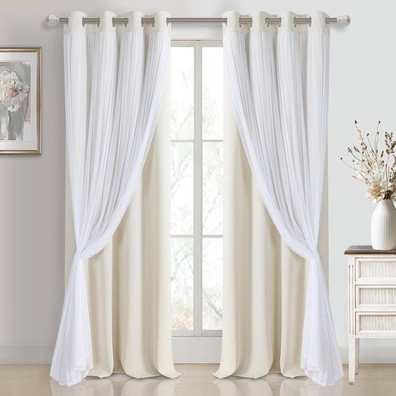2 Panels Blackout Curtains with Sheer Overlay Thermal Insulated Mix & Match Double Layer Window Panels Drape Sewn with Tiebacks Grommet Top for Bedroom Living Room