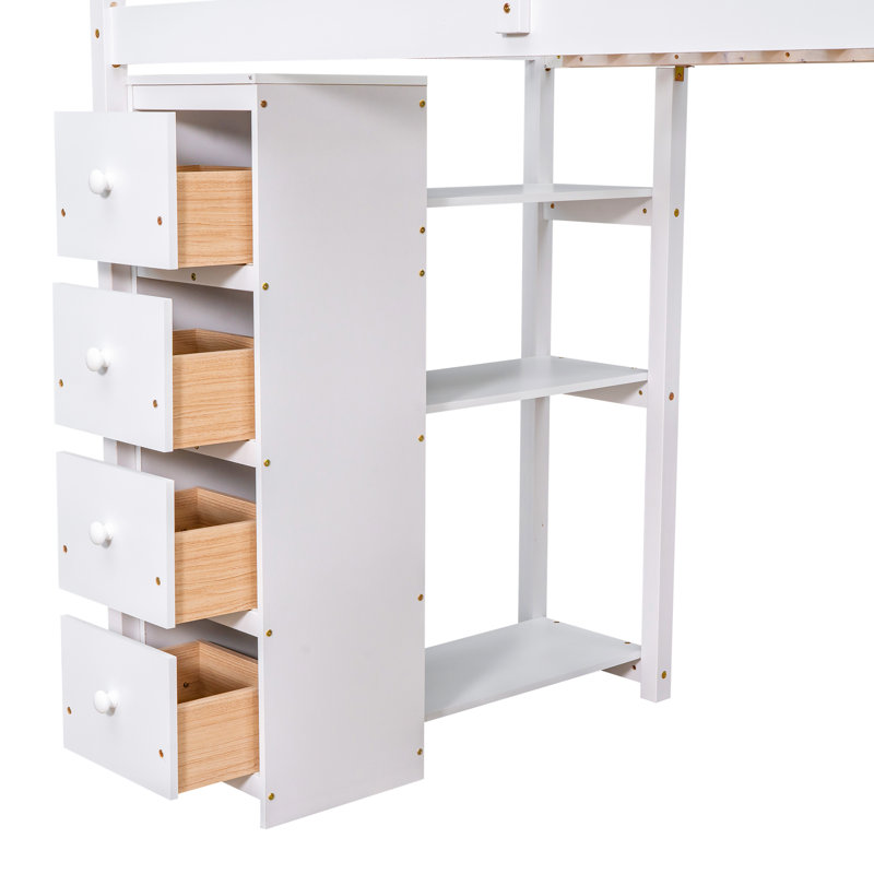 Lit mezzanine avec tiroirs de rangement, bureau et escalier, lit mezzanine en bois avec tablettes, Blanc