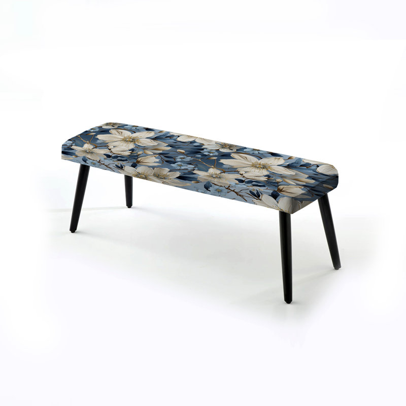 Banc rembourré floral noir, Motif floral bleu rétro finesse II