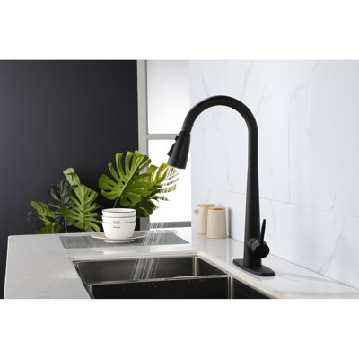 Stainless Steel Single Handle Faucet With Pull Down For Kitchen Sink, Matte Black Shade, 360 Rotatable High - Arc Nozzle, Three Water Output Types  Stream, Spray,  , Effortless Temperature And Flow