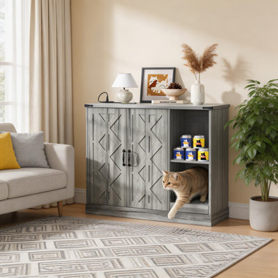 Litière pour chat avec prise de courant, bac à litière caché moderne pour grandes bacs à litière automatiques, avec bac à litière et tablettes de rangement réglables, gris