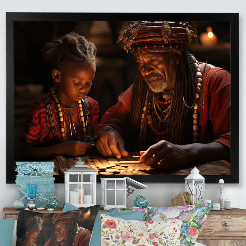 Sagesse africaine ancienne sur toile, H 30 po x l 40 po x P 1,5 po, Cadre simple noir