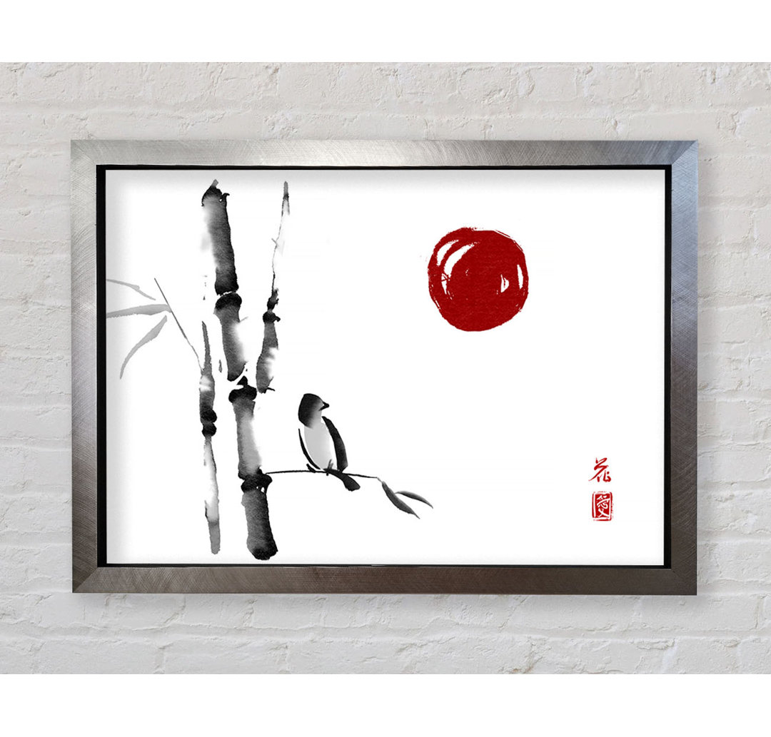 Gerahmtes Leinwandbild Japanese Bamboo Bird In The Red Sun