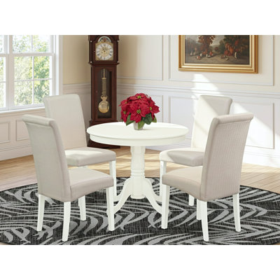 Ensemble de salle à manger 5 pièces moderne comprenant une table de cuisine ronde avec piédestal et 4 chaises de salle à manger Parsons en lin crème, blanc lin