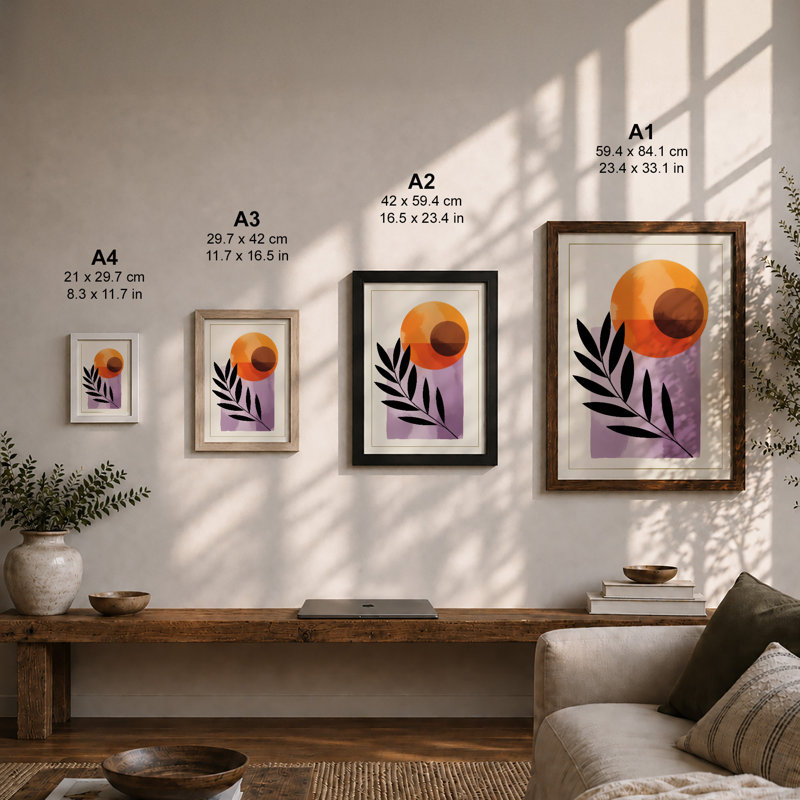 Gradient Circle with Fern Mid-Century - Framed Print, A3 - 42.0 x 29.7 cm, Oak