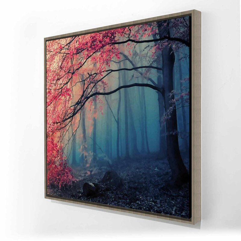 «Pink Leaves», œuvre d'art sur toile encadrée bleue