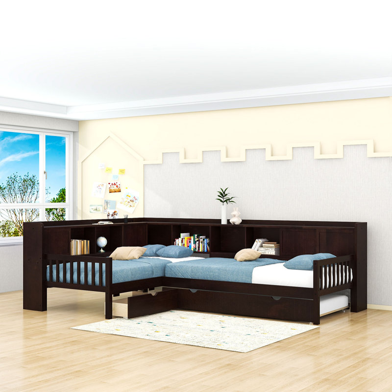 Wooden Platform Bed with Trundle and Shelves and 1 Drawer, Espresso
