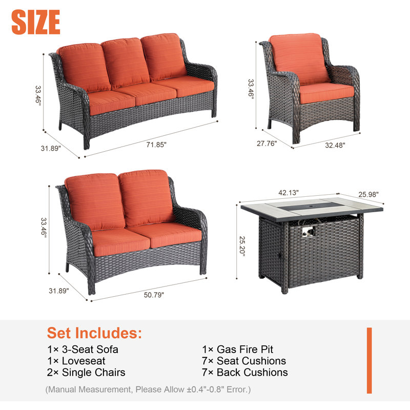 8 - Person Patio Conversation Set with Cushions, Orange Red, Brown