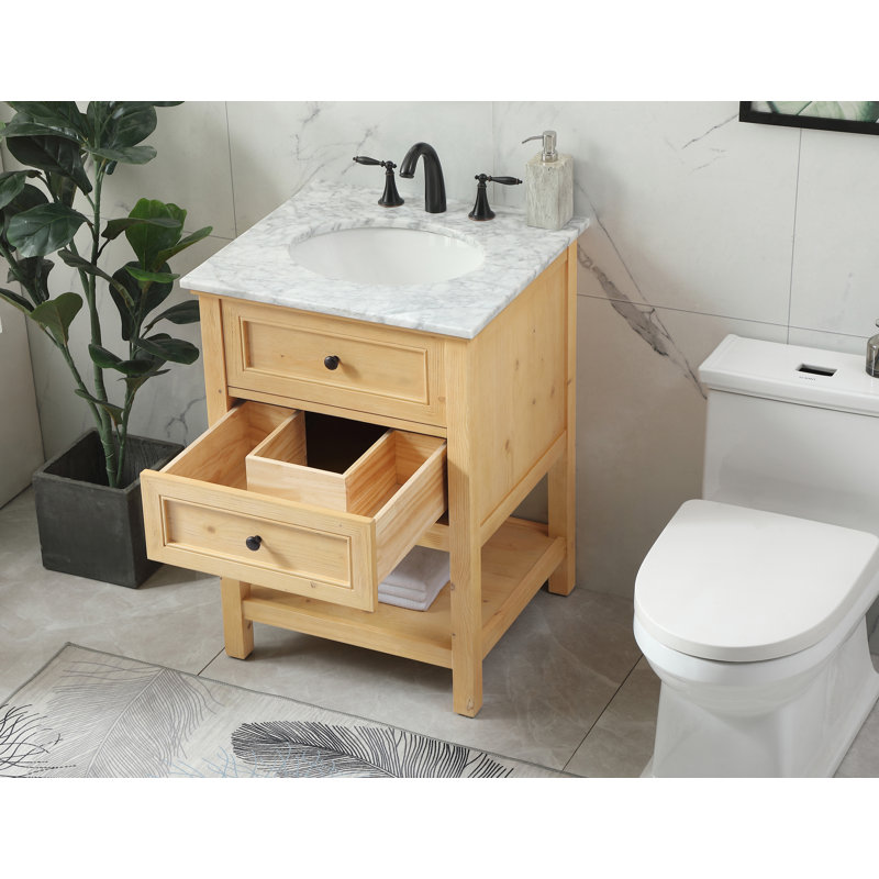 24'' Single Bathroom Vanity with Carrara Marble Top, Natural Wood