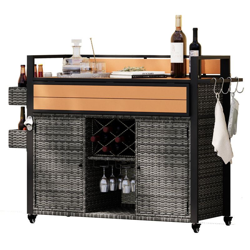 52.8"W Outdoor Grill Cart With Weather - , Wood Tabletop, Foldable Design, Multiple Storage Spaces, Wine Accessories Grey Rolling Steel Frame, Extended Table, Drop Leaf,