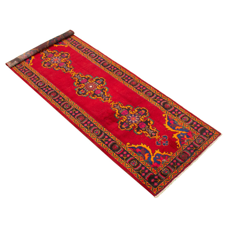 Tapis de couloir en laine noué à la main des années 1980 de conception unique 3 pi 11 po x 10 pi 6 po Tapis décoratif rouge