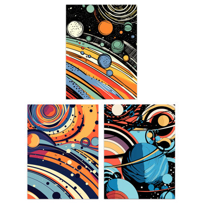 Space Cosmos Planets Abstract Comic Book Style Kids Bedroom - 3 Piece No Frame Print Set