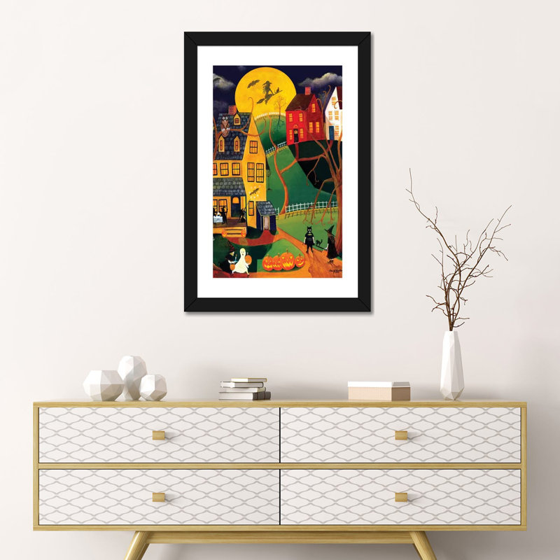Impression d’art graphique, "Halloween Trick or treat" par Cheryl Bartley, H 24 po x l 16 po x P 1 po, Papier encadré noir