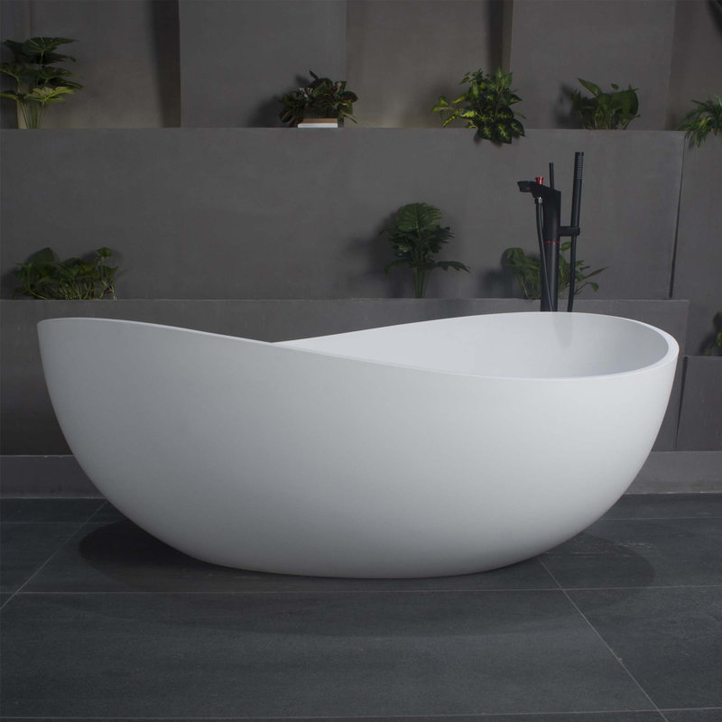 Baignoire de trempage autoportante à surface solide de 63 po pour salle de bain, Blanc mat