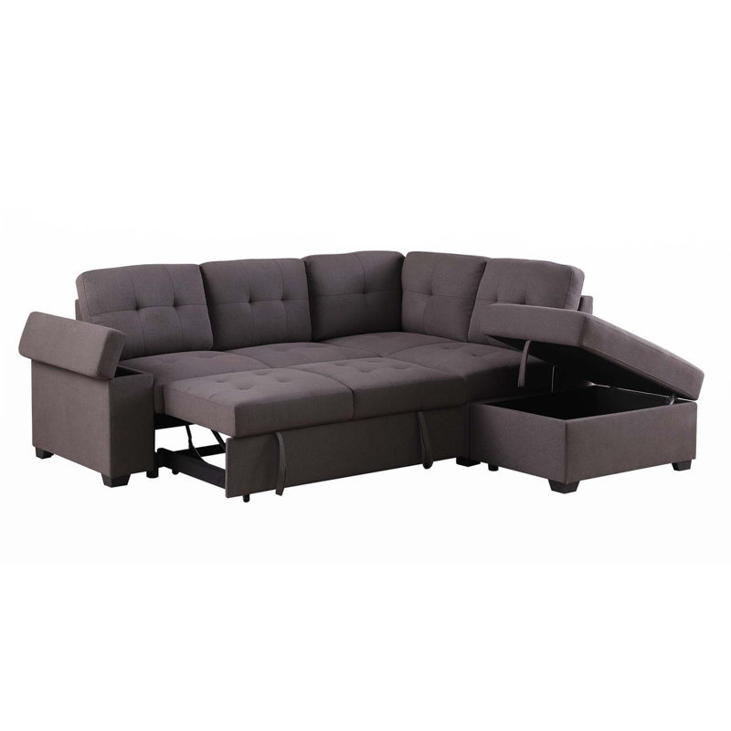 87.75" Linen Sleeper Sectional Sofa With Storage Ottoman