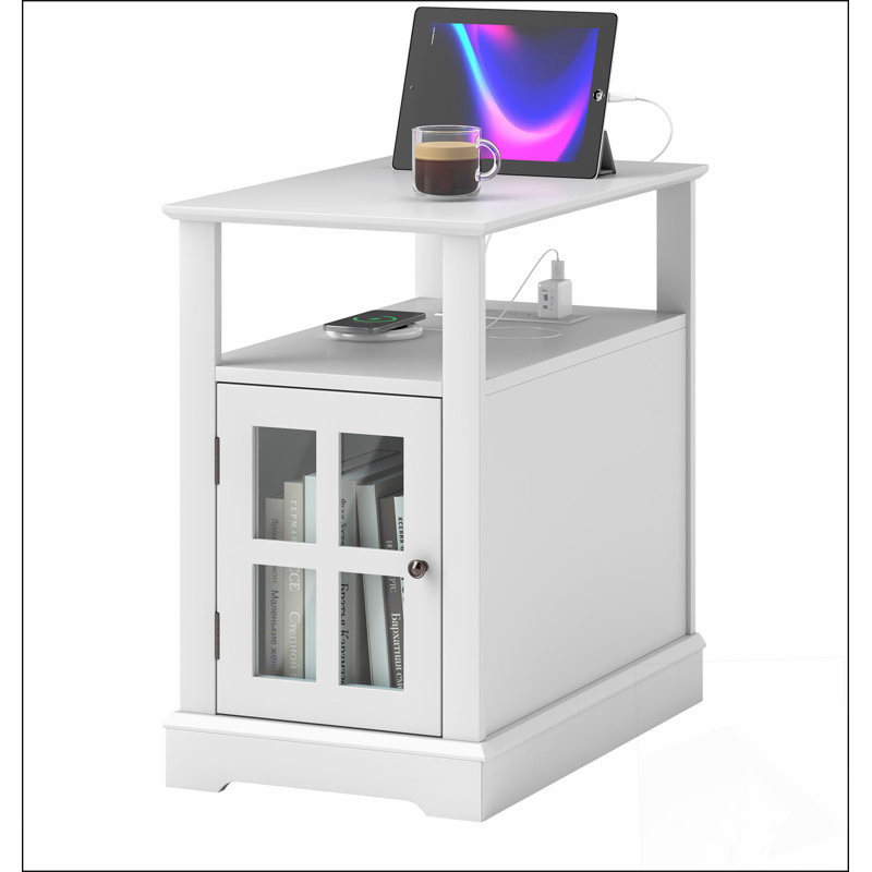 End Table with Charging Station, Narrow Side Table with USB Ports and Outlets, Small Table with Hidden Storage and Open Shelf for Living Room,