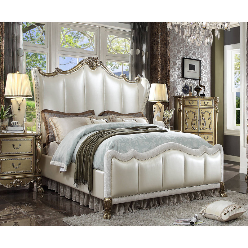 Danie Wingback Headboard Panel Bed, Pearl White Synthetic Leather & Gold Patina, California King