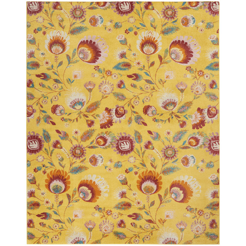 Tapis jaune à motif floral Lakenya, Rectangle 7 pi 10 po x 9 pi 10 po