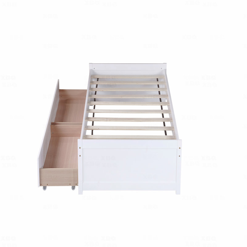 Lit simple, avec 2 tiroirs, en bois d'hévéa massif, Blanc