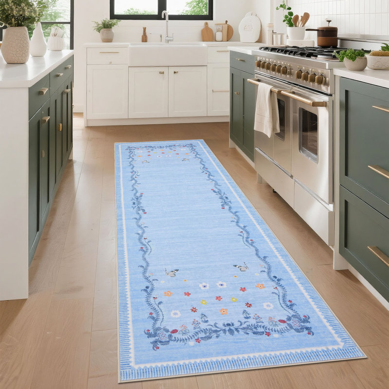 Tapis à bordure Clover Petal pour chambre à coucher et salon, Bleu, 2 x 6 pi