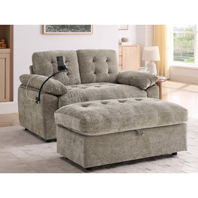 56" W Chenille Armchair With Storage Ottoman